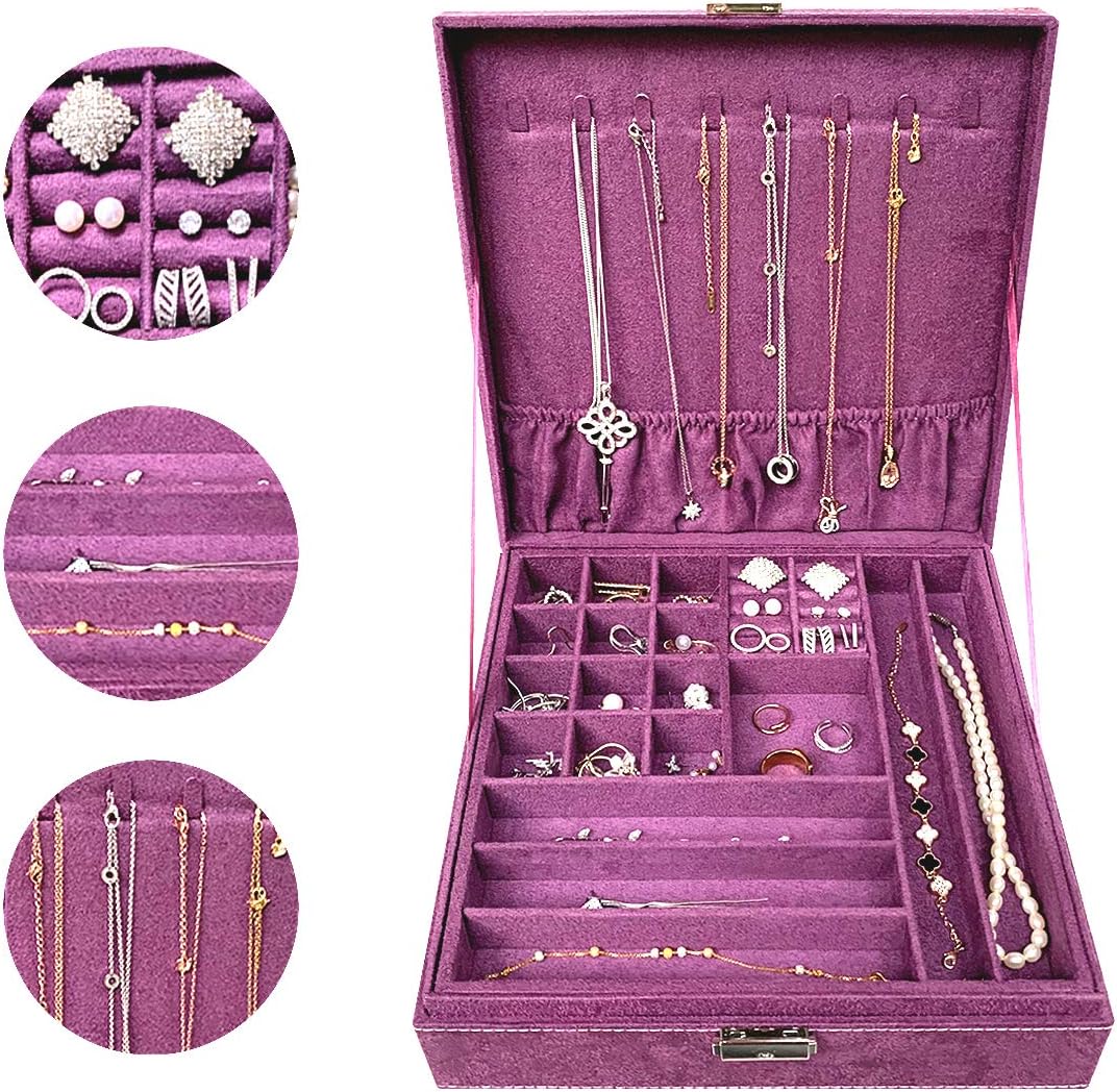 Ationgle Jewelry Organizer Box with Lock, 44 Compartments 2-Layer Jewelry Box for Women for Ring Necklace Earring Ear Stud Bracelet Brooch, Purple