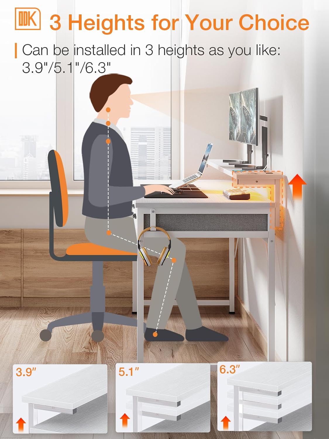 Diagram illustrating the three adjustable heights of the monitor stand (3.2, 4.3, 5.5 inches) and ergonomic posture