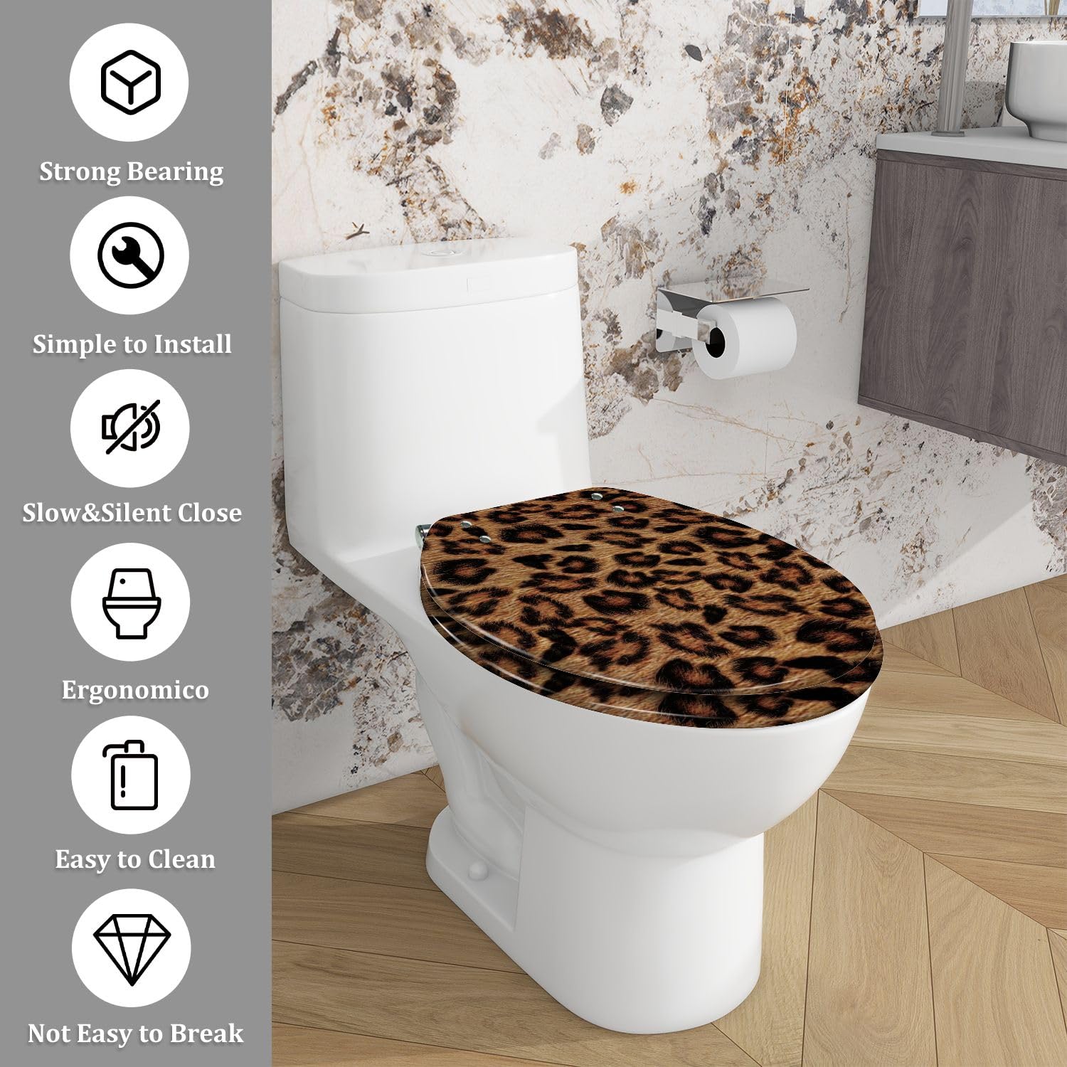 Elongated Toilet Seat seamless abstract leopard pattern wild animal skin print animal Resin Toilet Seat Quietly Close Quick Release Hinges Decorative Toilet Seat with Cover Easy to Install