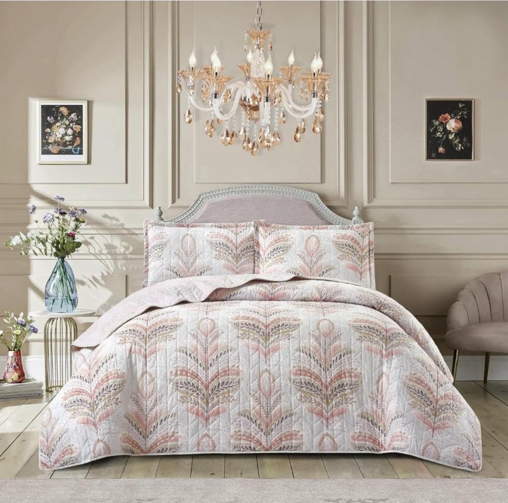 3 PCS Patchwork Bedspread Quilted Bed Throw Single Double King Size Bedding Set (Jasmine Pink, Double)