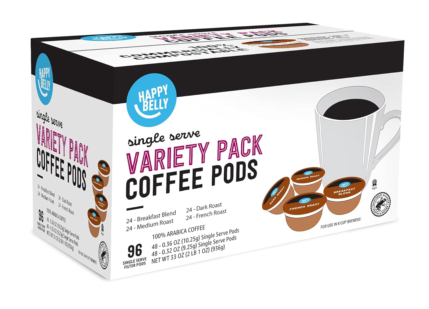 Amazon Brand - Happy Belly Variety Pack Compostable Coffee Pods, Compatible with K-Cup Brewer (Breakfast Blend, Dark/ Medium/ French Roast) 96 count (Pack of 1) - Image 6