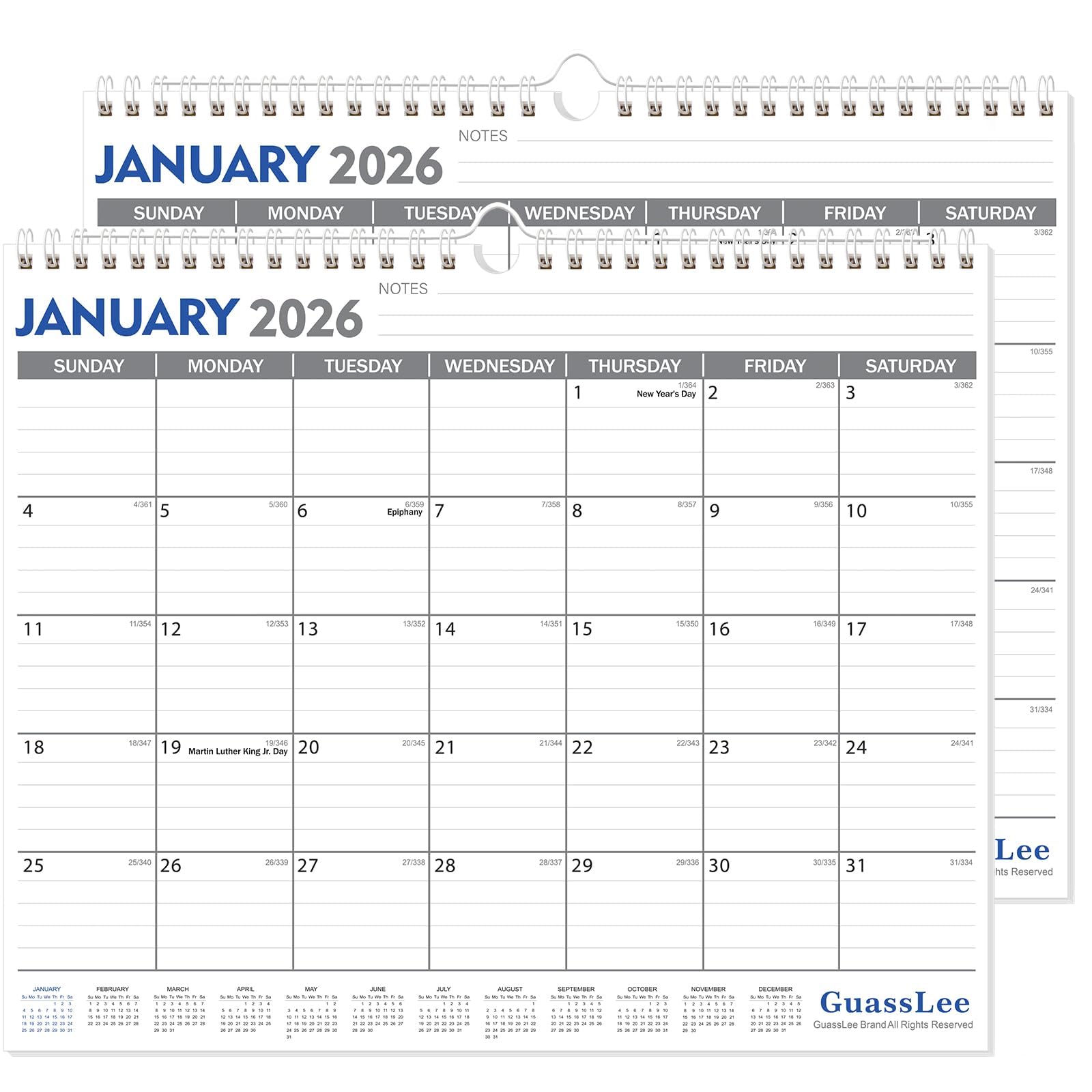 GuassLee Lot de 2 calendriers muraux 2026-2027 de janvier 2026 à juin 2027 - 18 mois - 35,6 x 29,2 cm - Planificateur mural 2026 avec notes pour une planification facile à l'école, à la maison, au