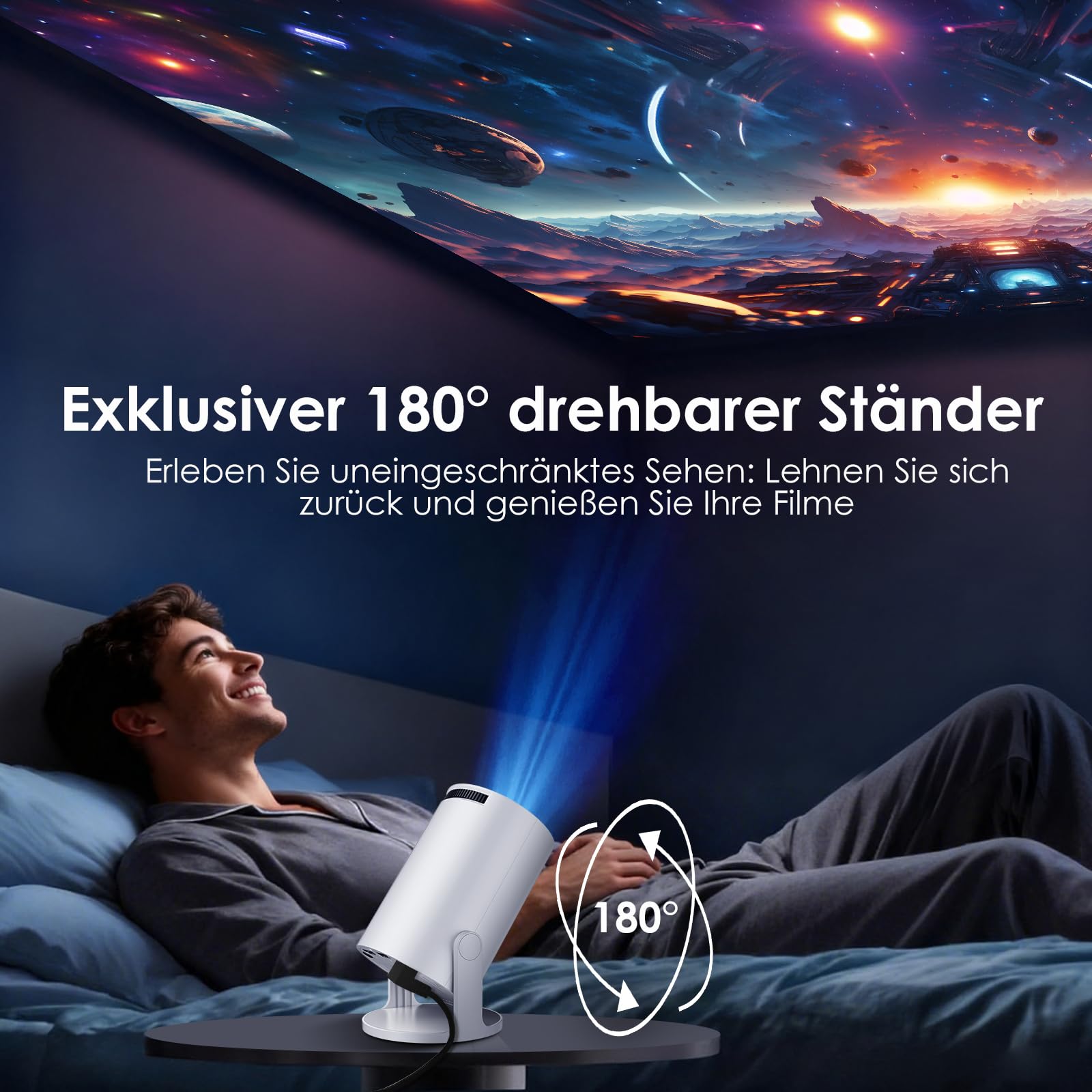 WOLFANG Mini Beamer【Integrierte Apps & WiFi 6】 1080P Tragbarer Projektor mit Bluetooth 5.4 und Auto Vertikale Trapezkorrektur, Beamer Heimkino mit 180° Ständer, Kompatibel mit iOS/Android/PC/TV-Stick