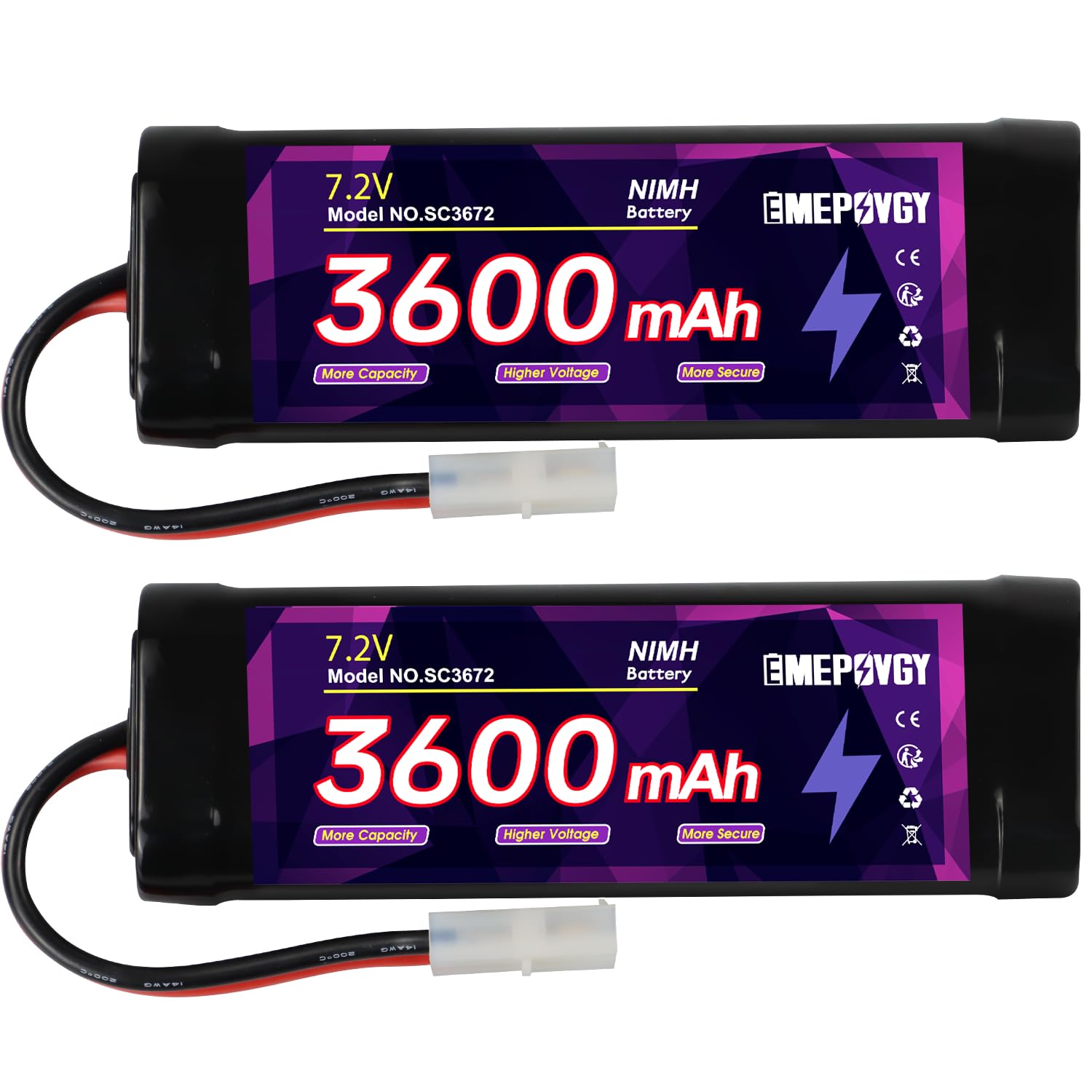 Batería recargable NiMH de 7.2 V RC de 3600 mAh de capacidad, batería plana de 6 celdas con enchufe TMY (2 paquetes)