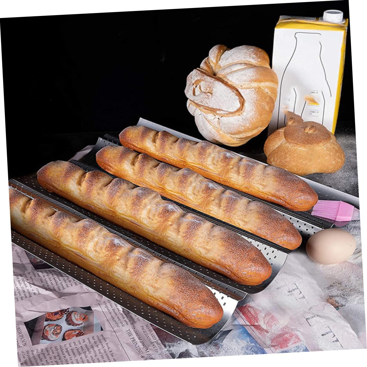 FUNOMOCYA French Bread Baguette Mold Non-stick Baking Pan 4-slot Kitchen Baking Carbon Steel Pan Household Baking Tray