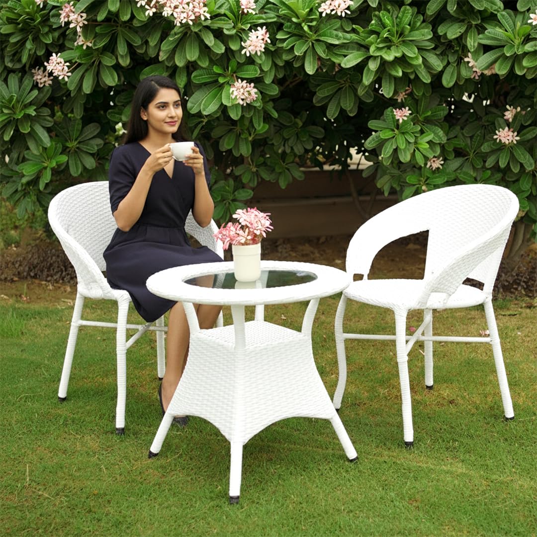 CORAZZIN Garden Patio Seating Chair and Table Set with Glass Balcony Outdoor Furniture with 1 Tables and 2 Chair Set (White), Rattan, 63 Cm, 63 Cm