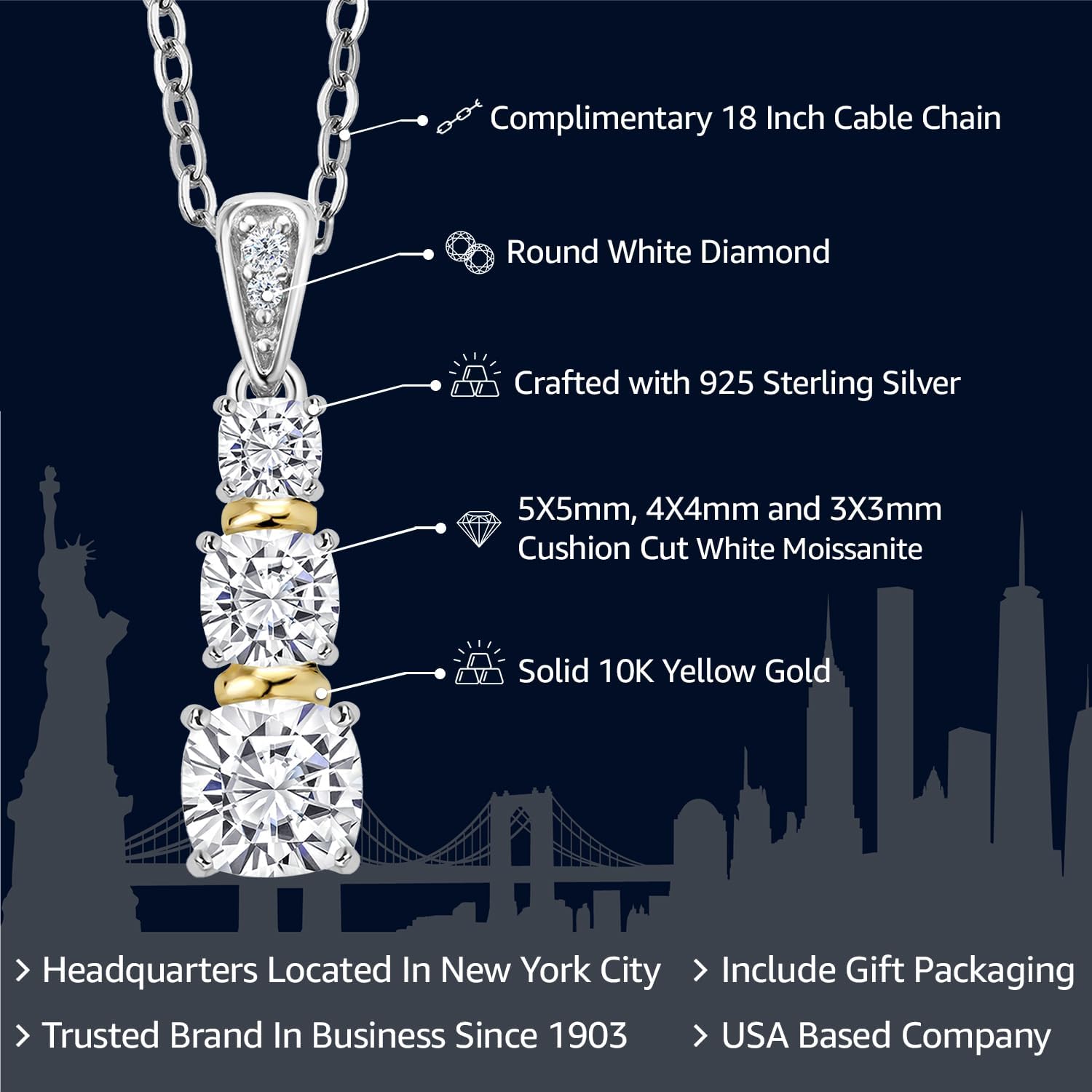 Gem Stone King 1.08 Cttw White Moissanite and White Diamond 3-Stone Pendant Necklace For Women | 925 Sterling Silver and 10K Yellow Gold | Cushion 5MM, 4MM and 3MM | With 18 Inch Chain