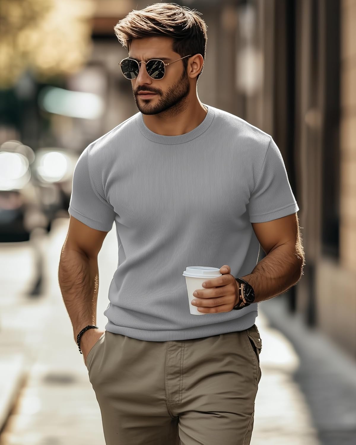 Huukeay 3 Pack Men's T-Shirts Crewneck Short Sleeve Shirts Ribbed Knit Tees Dressy Casual Tops - Image 3