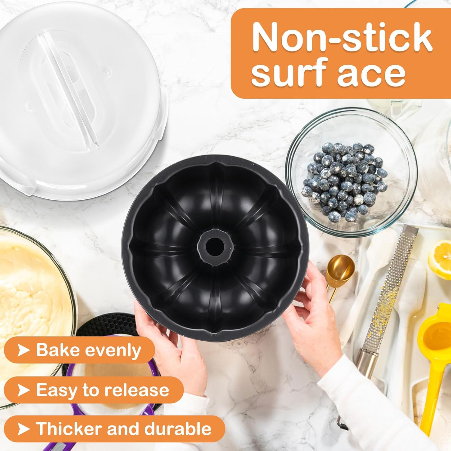 10 Inch Cake Pan Nonstick with 12 Inch Cake Carrier Container for Easy Transportation Carbon Steel Fluted Tube Round Baking Pan Mold for Oven, Jelly Mold, Flan, Gelatin, Chocoflan - Image 6