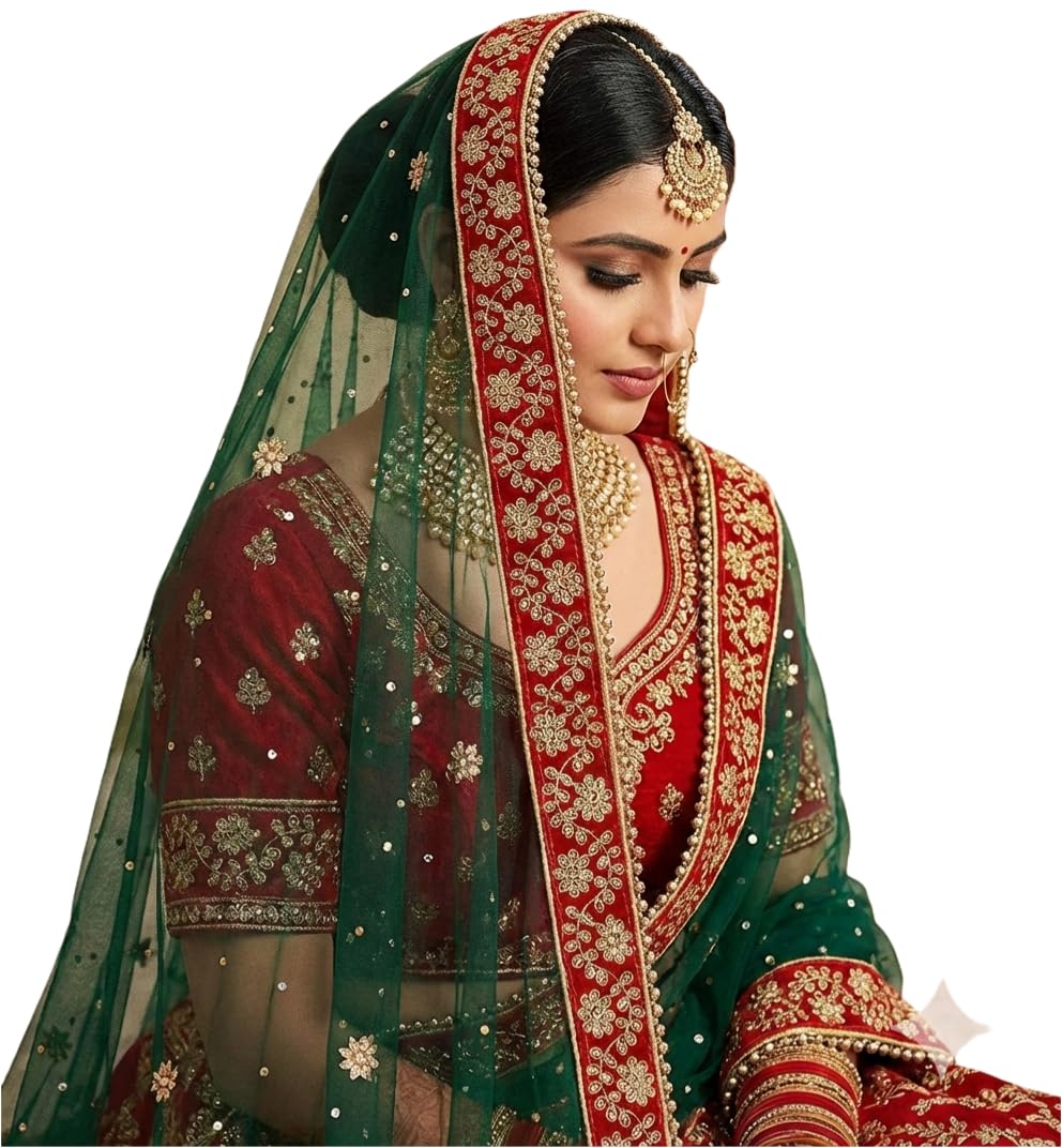 navti creations Women Wedding Bridal Dark Green Net Dupatta With Red Border(Stone Work, 2.25M)-picture-13