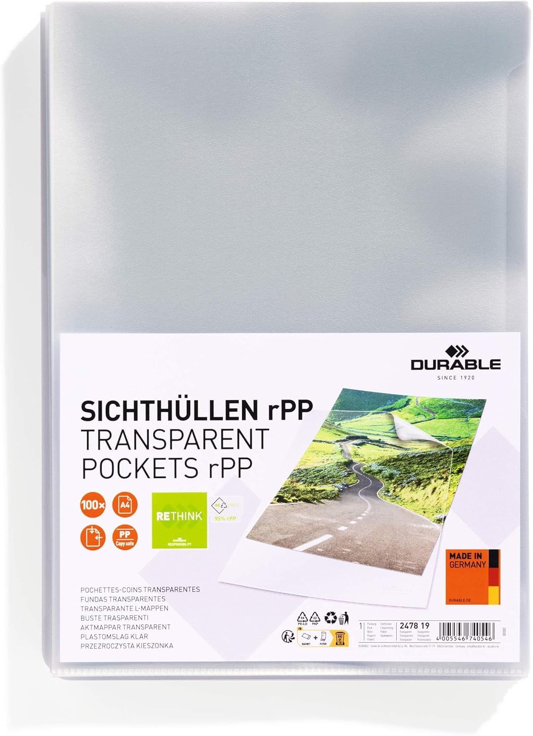Durable Busta a L trasparente A4, in polipropilene riciclato, 100 pezzi, apertura laterale, 247819