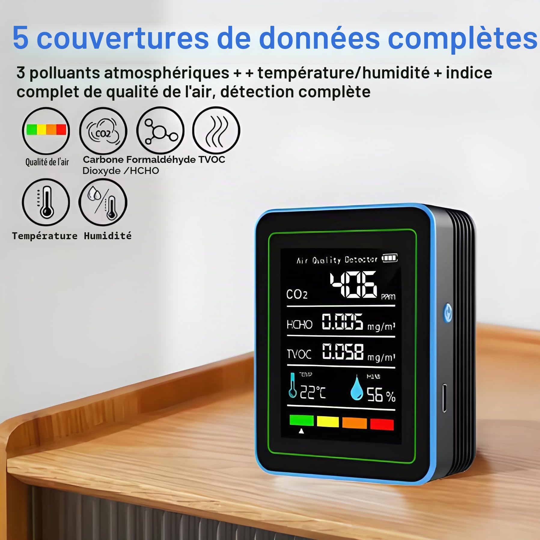 Moniteur de qualité de l'air intérieur : capteur de température et d'humidité avec CO2, TVOC, HCHO, détecteur portable professionnel 5 en 1 pour la maison, le bureau, l'école, l'hôtel
