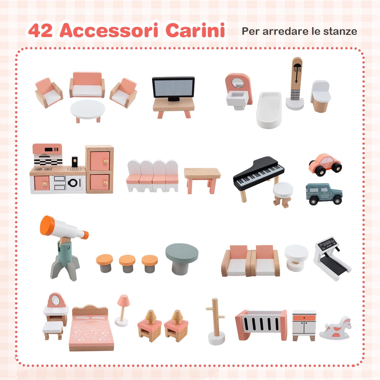 RELAX4LIFE Casa delle Bambole Alto 95 cm, Villa di Lusso in Legno, 41 Mobili e Accessori inclusi, Cameretta, Terrazza e Garage, Giocattolo per Bambini 3+ Anni (ROSA)