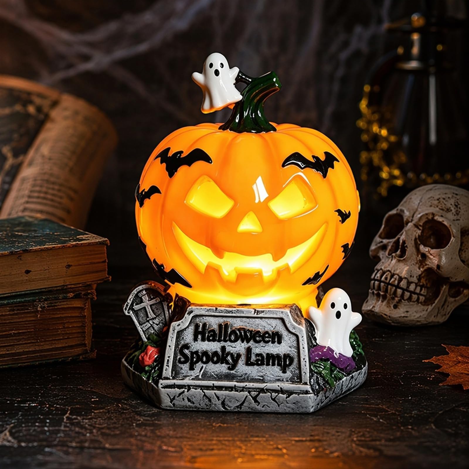 Stained Glass Halloween Pumpkin Table Lamp, Witchy Halloween Night Light