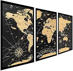 Quadros Decorativos Sala Mapa Mundi Retro Antigo Vintage 3 Peças com Moldura
