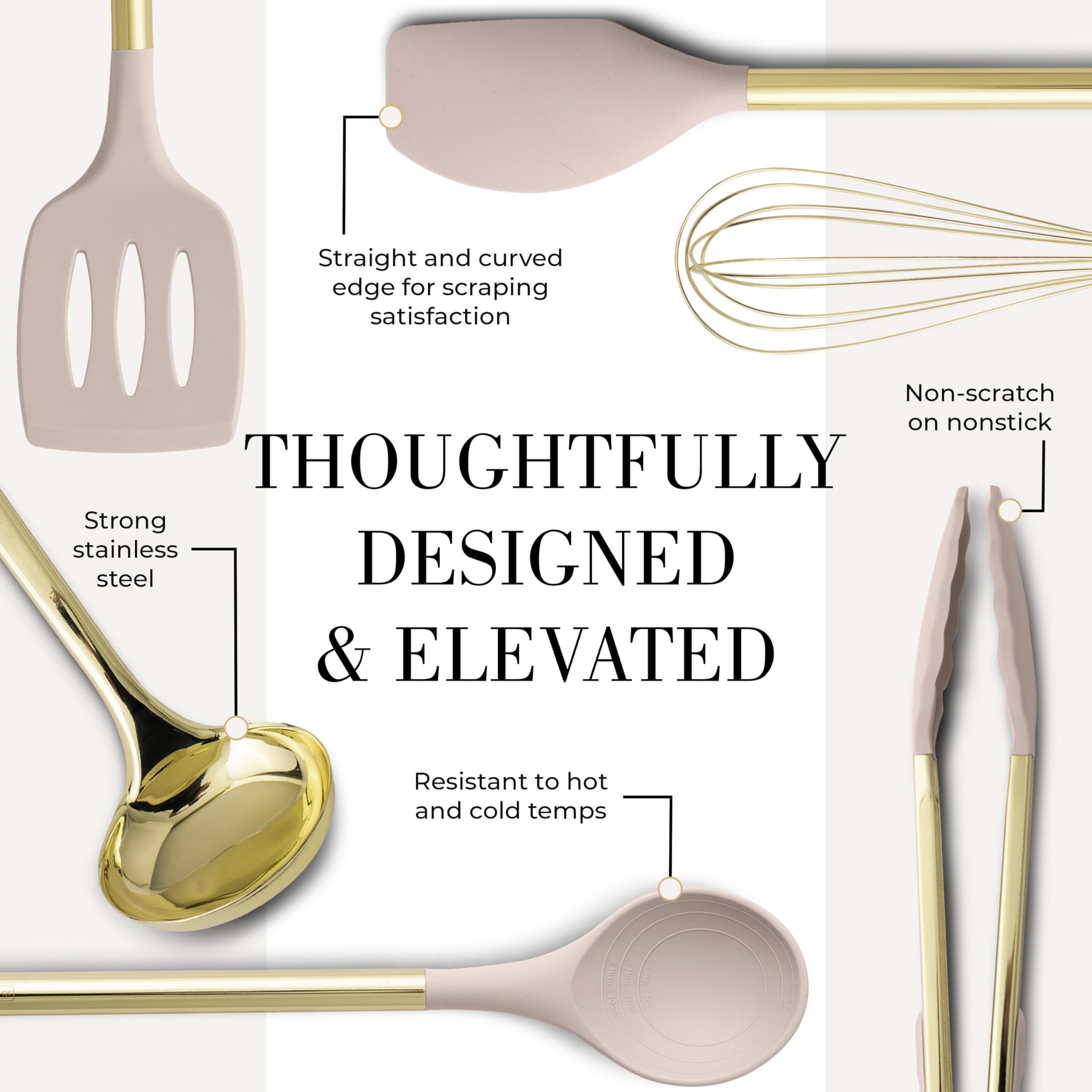Küchenutensilien-Set, 7-teilig, Beige und Gold, ungiftiges Silikon und Edelstahl, zum Kochen, Servieren und Hosting, ideal für antihaftbeschichtetes Kochgeschirr und moderne Küchen, mit goldfarbenem