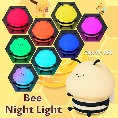 Miniatura 5 de YuanDian Linda luz nocturna de abeja para niños, lámpara de noche de guardería Kawaii Animal Nightlight con 7 colores, 3 niveles regulable, control