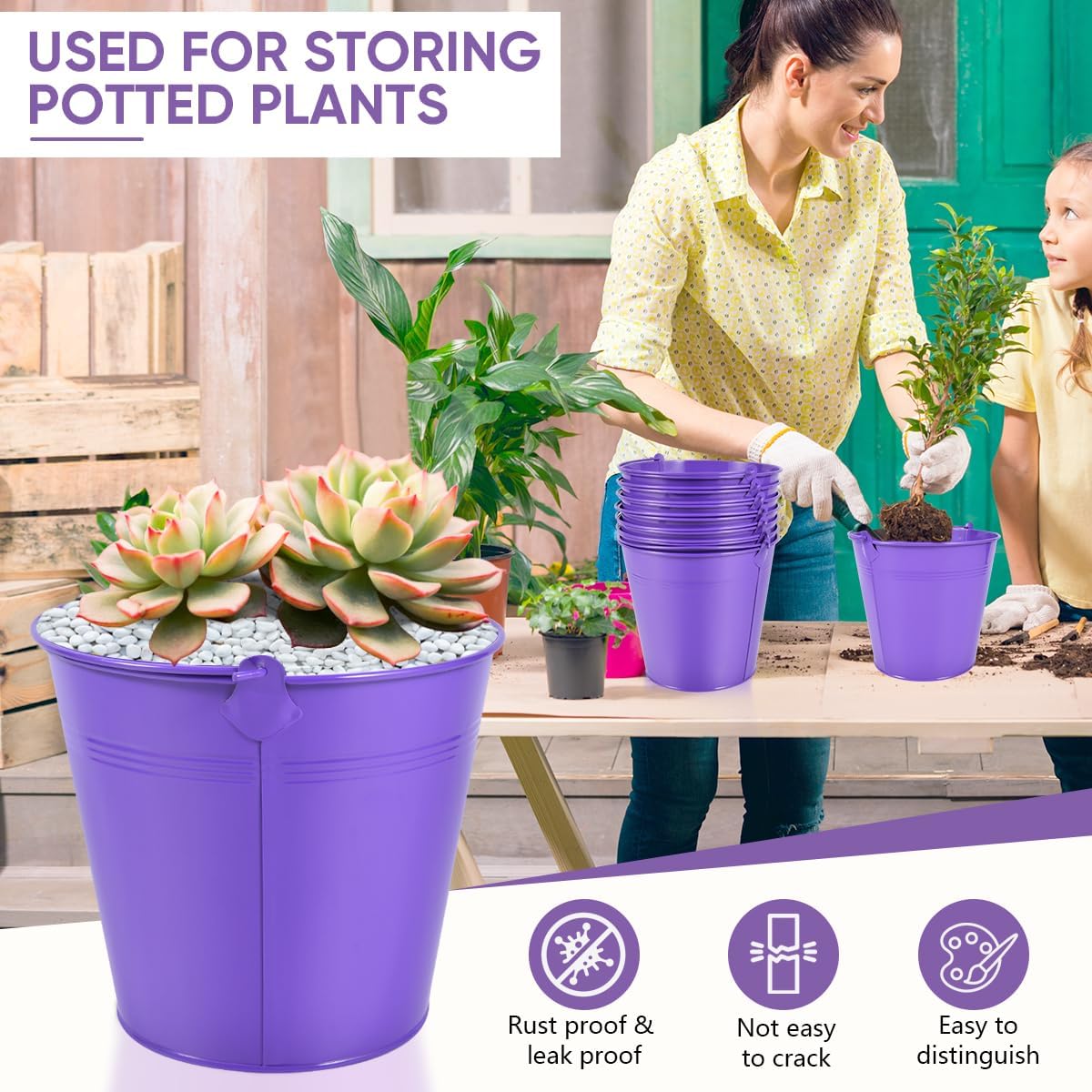 OBTANIM 7 Pack Purple Metal Buckets with Handle Galvanized Ice Pails for Plants, Succulents, Party Favors Organizing, Rustic Home Decor or Classrooms Pencil Storage (6 x 4.4 inch) image 4
