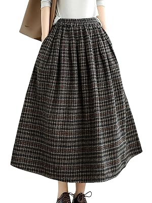 Womens Plaid Wool Midi Skirt Elastic High Waist A-Line Flared Tartan Long Skirt