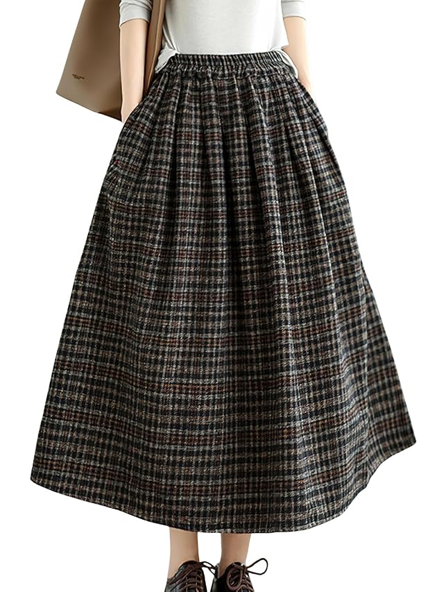 Womens Plaid Wool Midi Skirt Elastic High Waist A-Line Flared Tartan Long Skirt