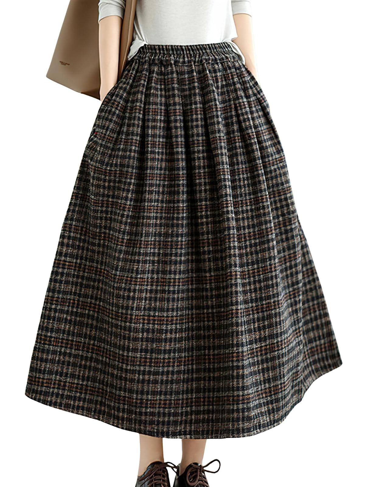 Womens Plaid Wool Midi Skirt Elastic High Waist A-Line Flared Tartan Long Skirt