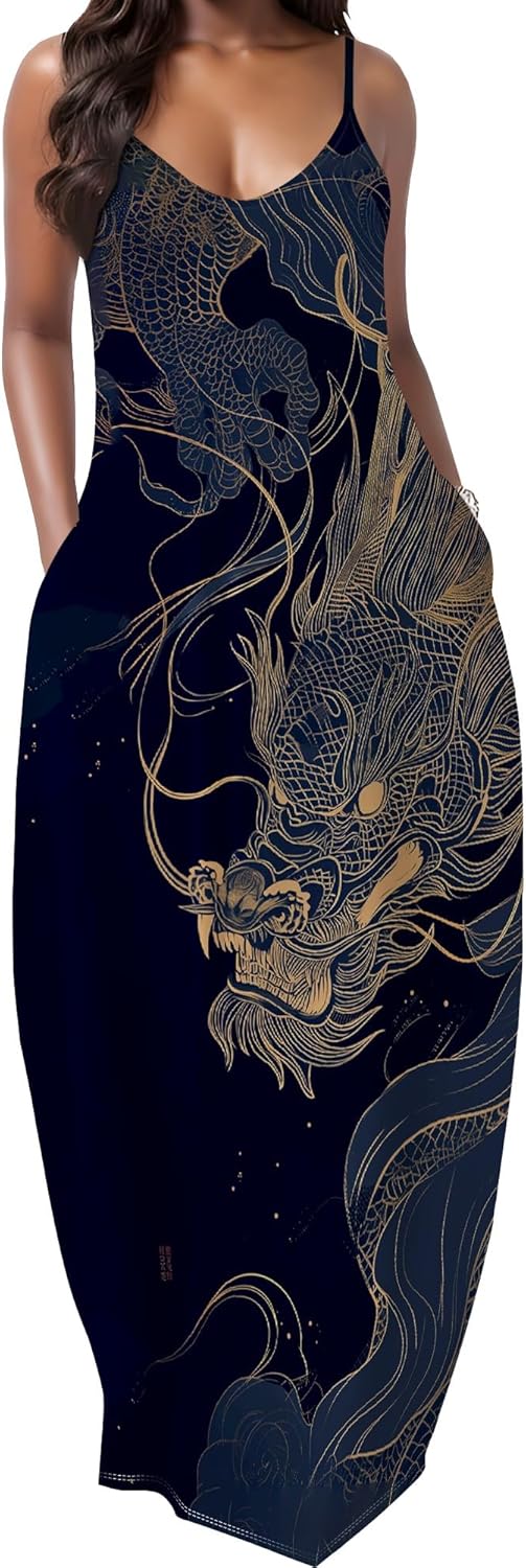 MARSVOVO Summer Dress Sleeveless Spaghetti Strap Maxi Sundress Pockets