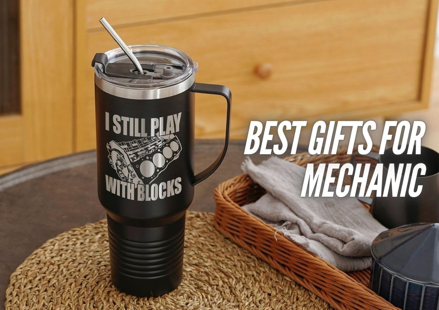Onebttl Mechanic Gifts for Men, Gifts for Him, 40oz Tumbler with Handle and Straw, Insulated Coffee Mug with Lid, I Still Play with The Blocks - Image 2