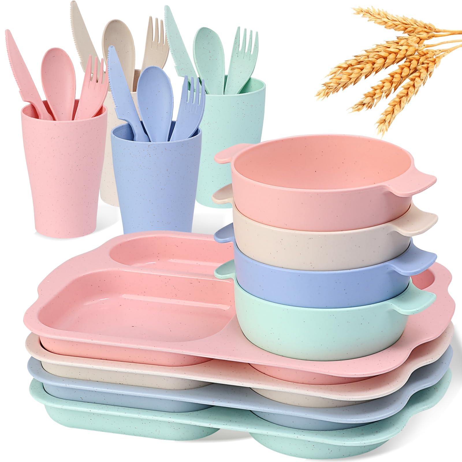 Wheat Straw Dinnerware Sets, 24pcs Dishes Dinnerware Sets, Lightweight Unbreakable Dish Set, Reusable Dinner Plates Kids Plates and Bowls Sets, Dishwasher Microwave Safe Dinnerware