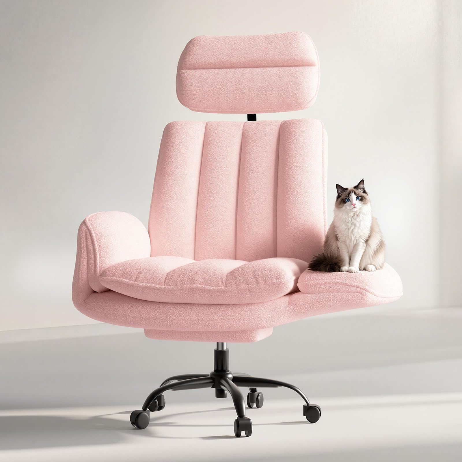 HOMRELEXA Big and Tall Office Chair, Ergonomic Reclining Computer Desk Chair with Adjustable Armrests & Foot Rest, Plush Teddy Fleece Wide Seat Heavy Duty Gaming Chair, Pink