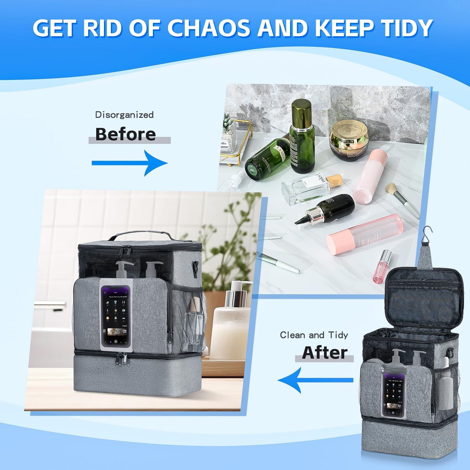 Grey Portable Mesh Shower Organizer – Hanging Toiletry Bag with Handles & Strap, Quick-Dry for Bathroom, Gym, Travel, Camping & College Dorms