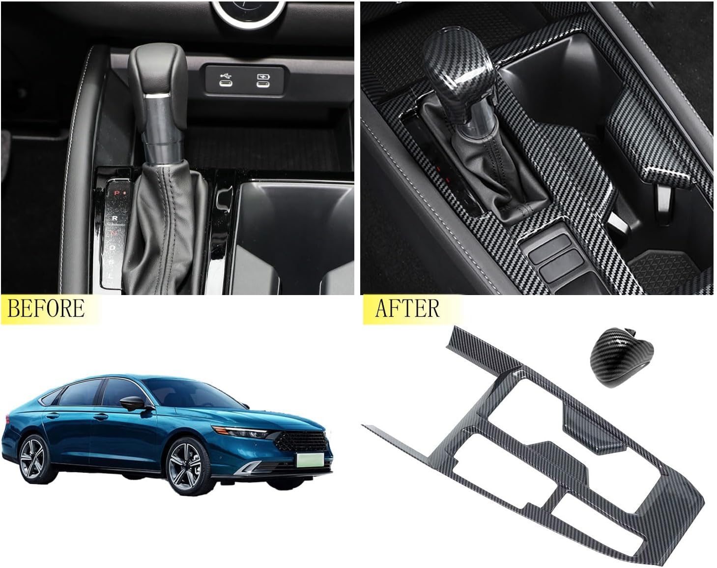 Center Console Gear Shift Panel and Knob Cover Trim Fit for Honda Accord and Hybrid 2023 2024 2025 Interior Accessories（ABS，Carbon Fiber）