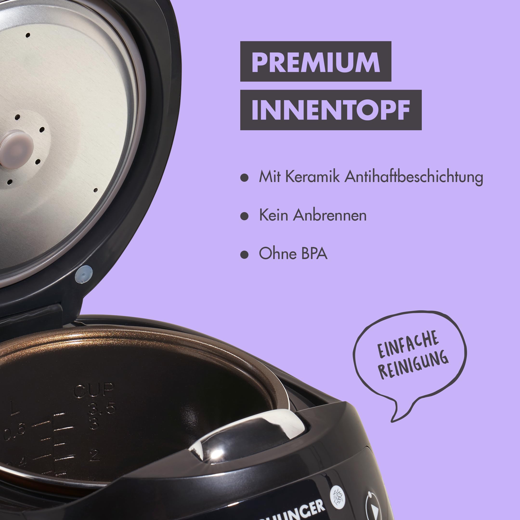 REISHUNGER Digitaler Reiskocher klein – 0,6 L bis 3 Personen – Schwarz | Warmhaltefunktion, Timer & Premium Topf – Kleiner Multikocher & Dampfgarer – 8 Programme, 7-Phasen-Technologie