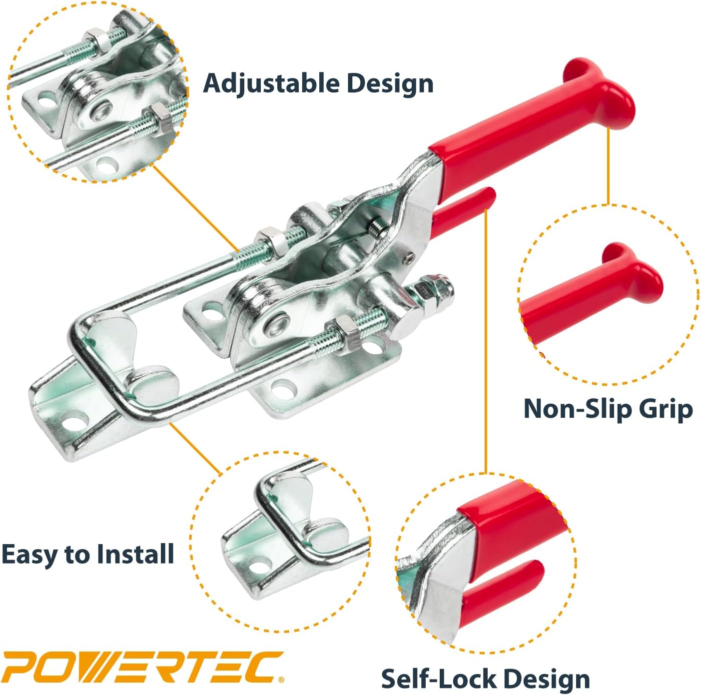 POWERTEC 4PK Toggle Clamp, 2000 lbs Capacity, 40341 Self-Lock U-Bolt Adjustable Latch w/Antislip Hand Grip for Woodworking Jigs & Fixtures, Smoker, Tire Carrier, Tool Box, Cabinet (20340-P2V)