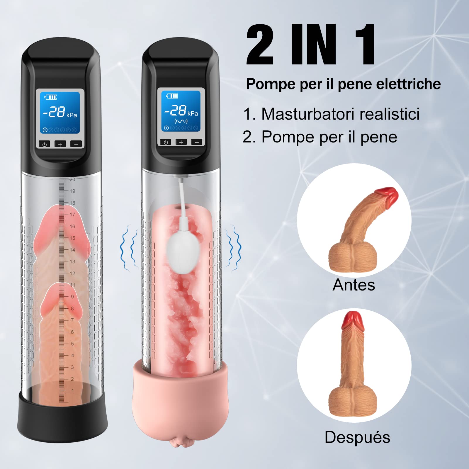2 IN 1 Pompa per Pene Ingrandimento-Pene Pompe Elettriche con 6 Potenze di Aspirazione e 9 Intensità di Vibrazione - Automatica Maschile funziona Anche Come Masturbatore Realistico