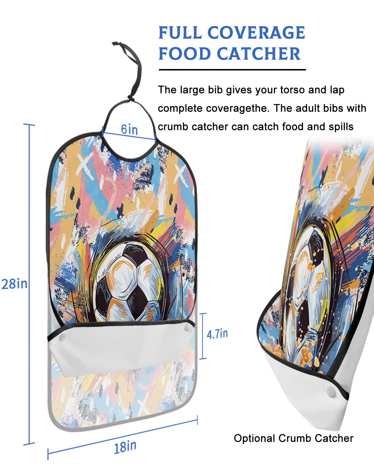 LEOKOTI Soccer Adult Bibs for Eating, Waterproof Bibs with Food Catcher & Adjustable Snap Closure, Yellow Blue Pink Watercolor Abstract Art Sports Washable Clothing Protectors Adult Bibs for Elderly