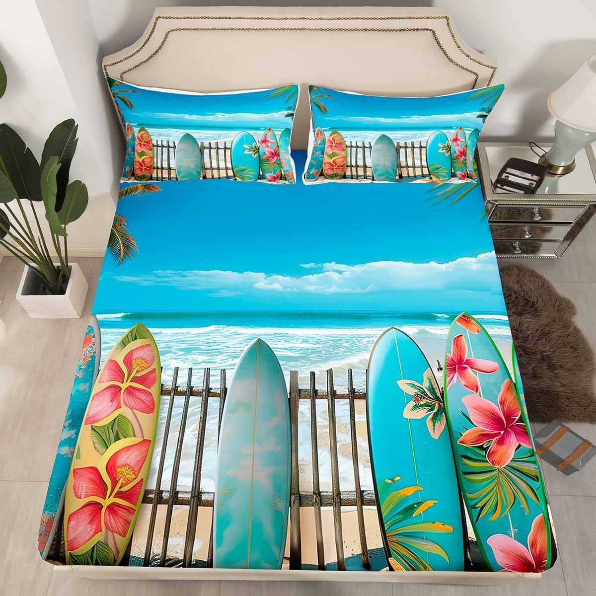Surfing Kids Fitted Sheet Full Size,Surfboards Starfish Tropical Palm Trees Flowers Bedding Set,Boys Girls Room Decor,Hawaii Summer Ocean Beach Bed Cover,Blue Bed Sheet,2 Pillowcases