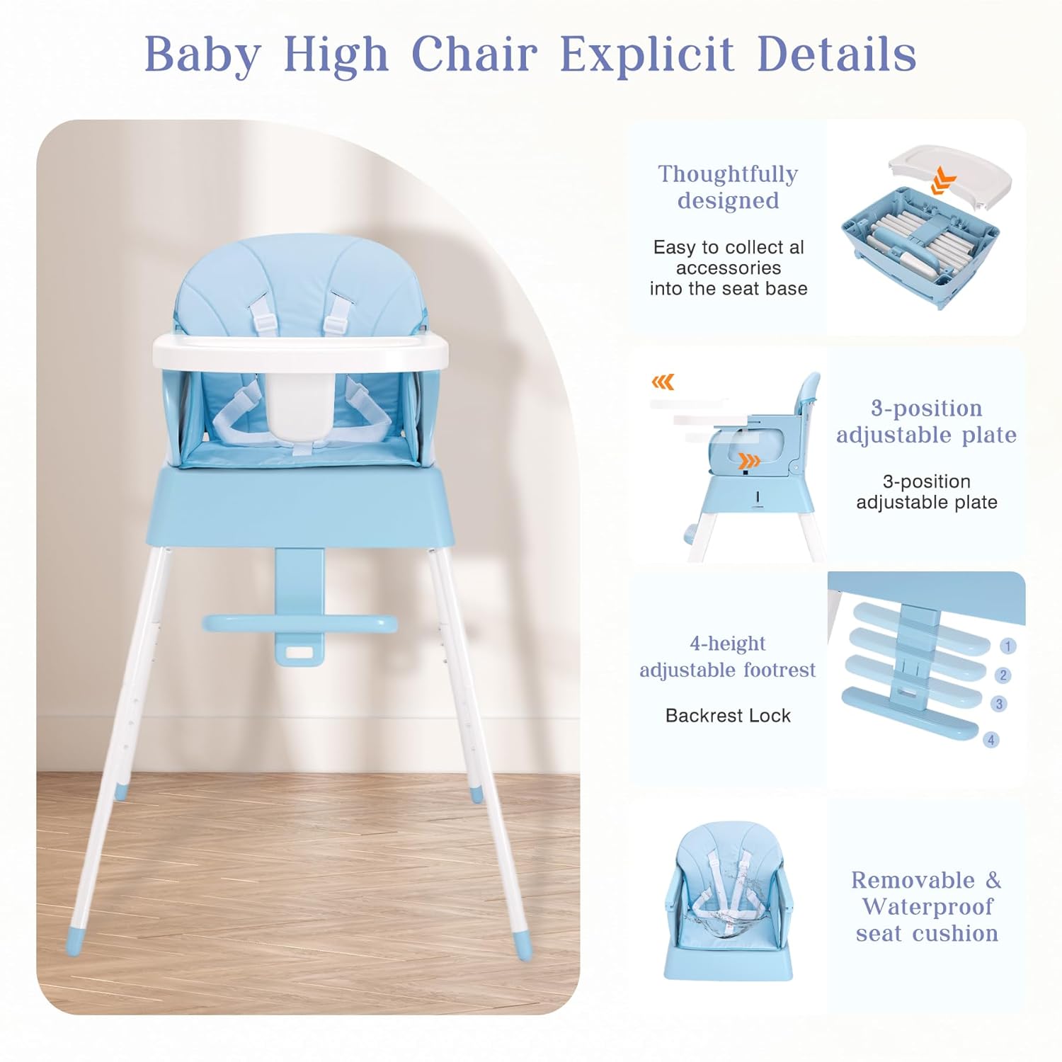 5 in 1 Foldable Baby High Chair,Convertible Highchair for Babies and Toddlers-Portable Infant Booster Seat,Carry Small Box,Dining Chair,Toddler High Chair with 5-Point Harness,Removable Tray-Blue