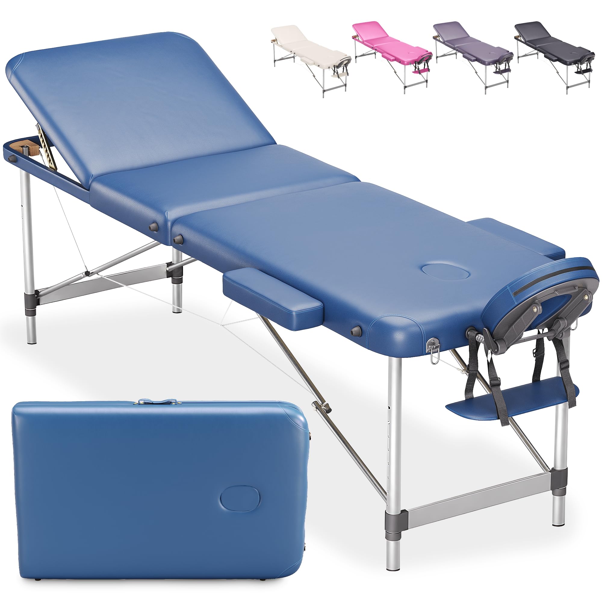 BELTOM® Camilla de Masaje 3 Zonas Aluminio portatil Mesa Cama Banco Plegable masajista - Azul