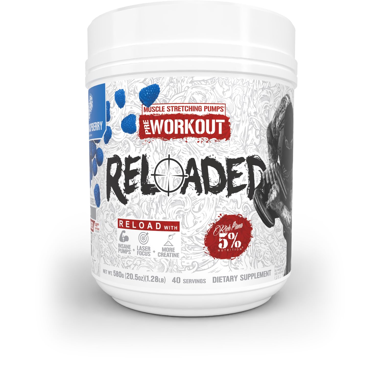 5% Nutrition Rich Piana Reloaded High Stim Pre-Workout | Ultra Energy, Focus, Pumps, Power & Endurance | Citrulline, GlycerSize, Nitrosigine, Creatine, Choline, Huperzine A (Blue Raspberry)