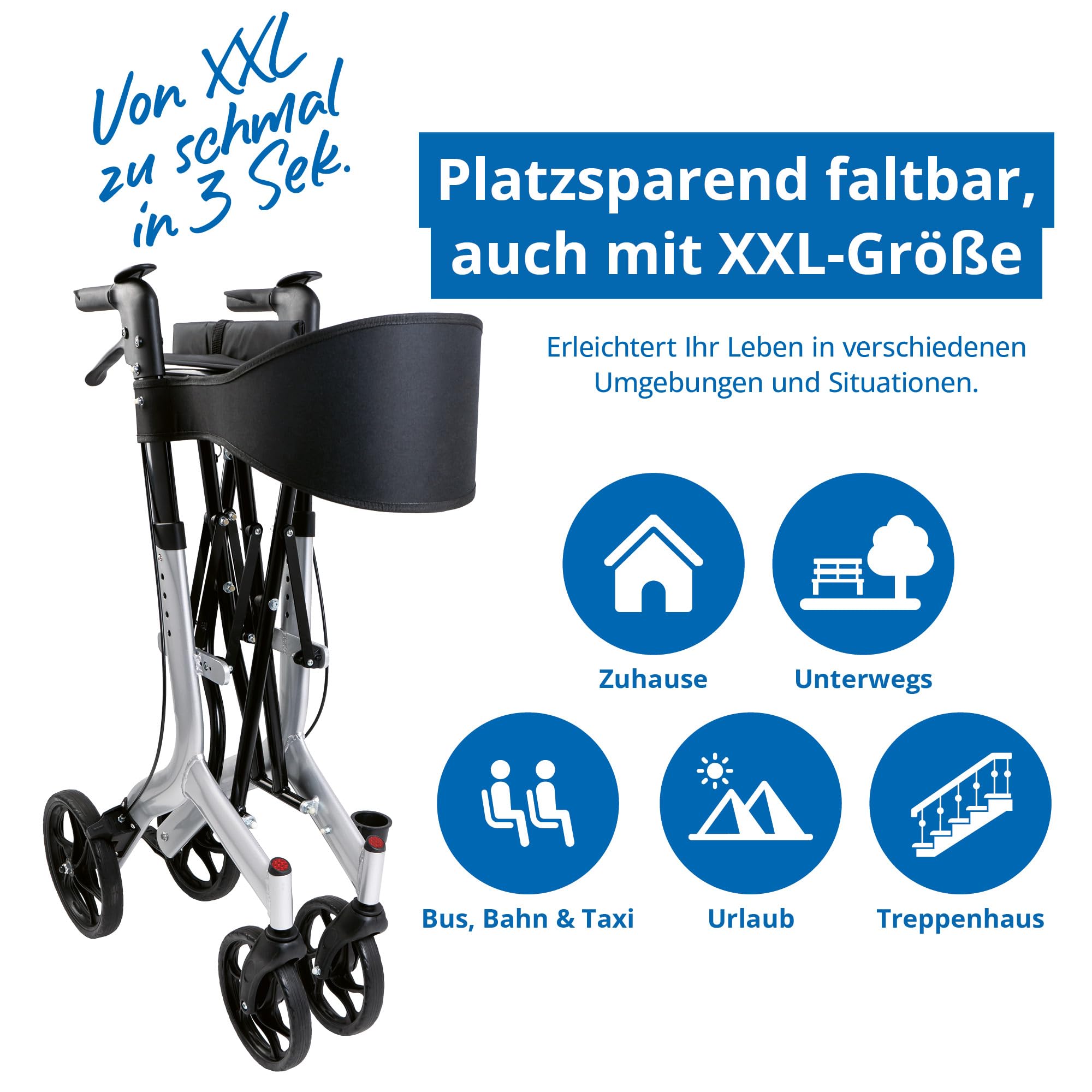 Weinberger 02262 Rollator XXL aus Aluminium, stabil, faltbar, Gehilfe XXL, mit Tasche, groß, schwarz, 10 kg