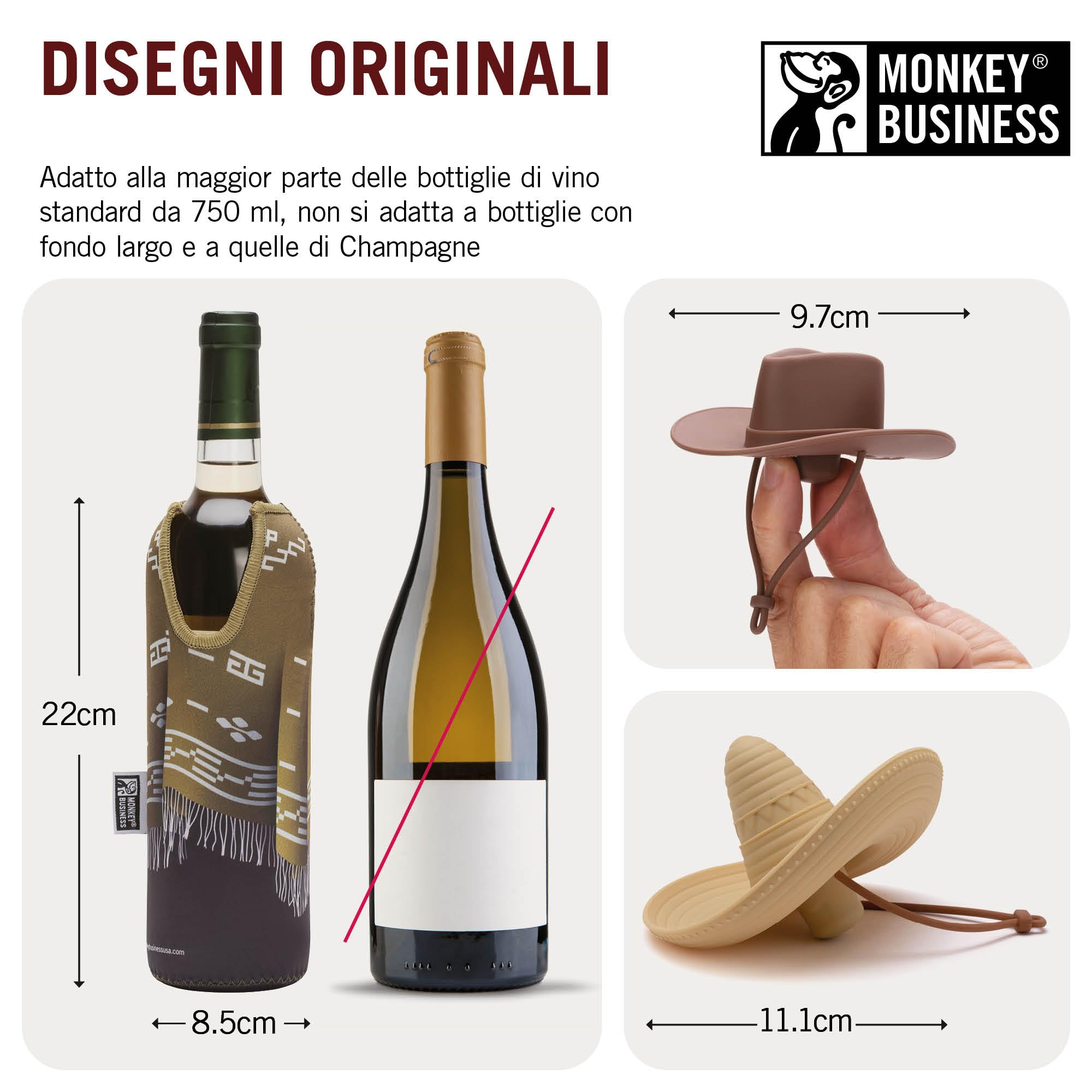 Monkey Business Gift Set per Amanti del Vino – 2 Tappi in Silicone + 2 Poncho in Neoprene per Bottiglie 750 ml – Isolamento per Bottiglia Aperta + Tema Wild West