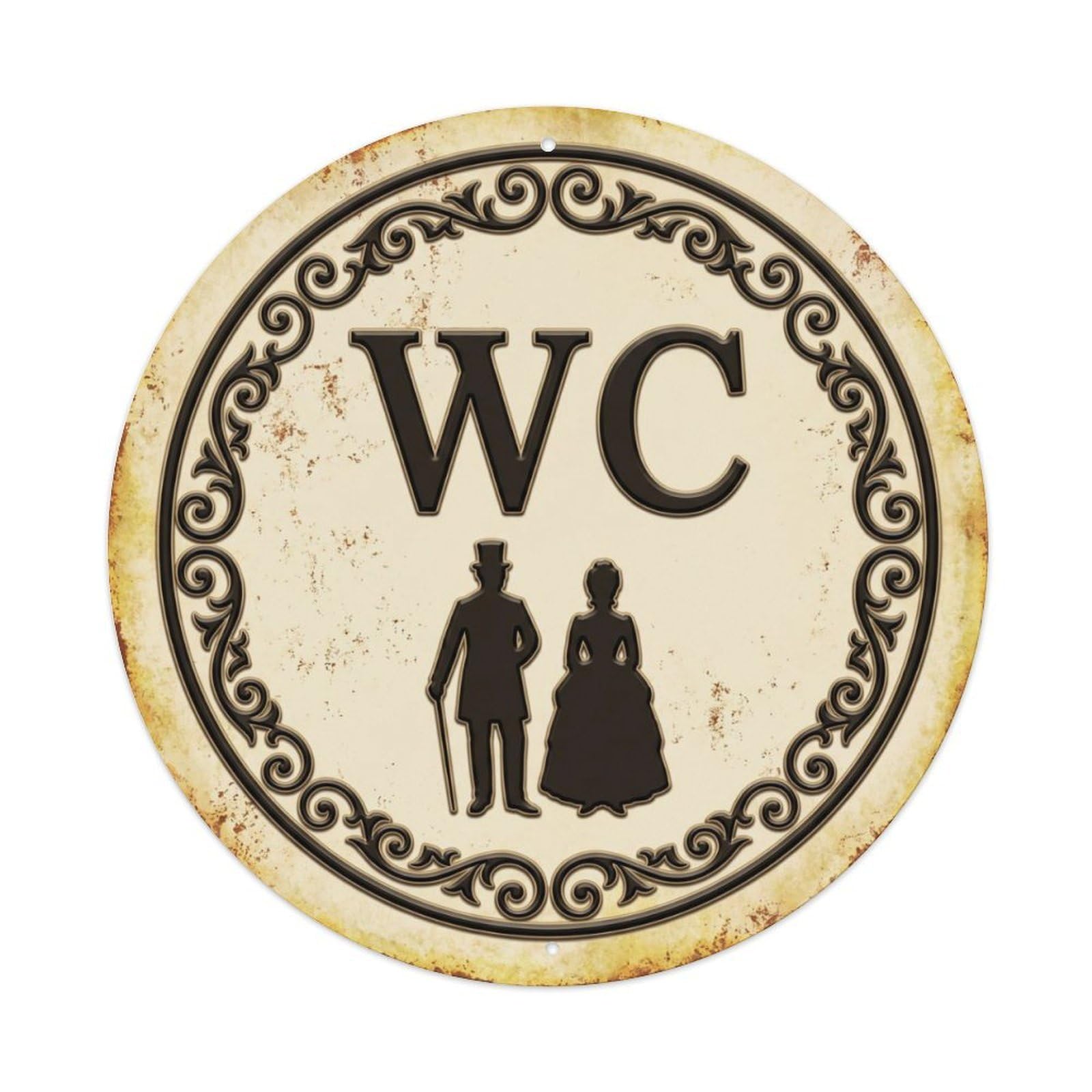 Toilet （WC） Aged Parchment Emblem Metal Tin Sign Plaque Wall Decor for Cafe, Club Bar, Office, Home Garden Round Metal Poster 8x8Inch