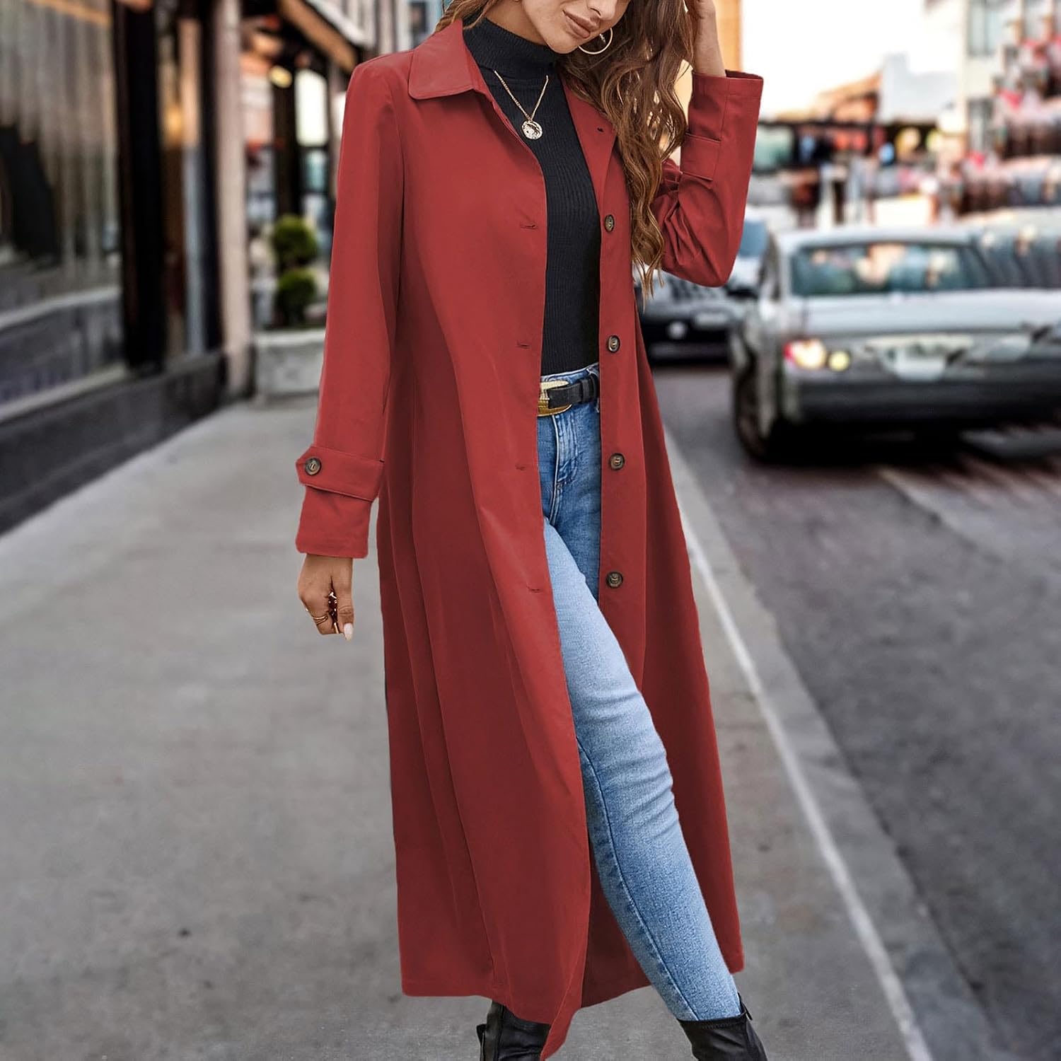 HGps8w Trench Coat for Women Single Breasted Long Windbreaker Classic Lapel Maxi Long Overcoat Jackets with Pockets