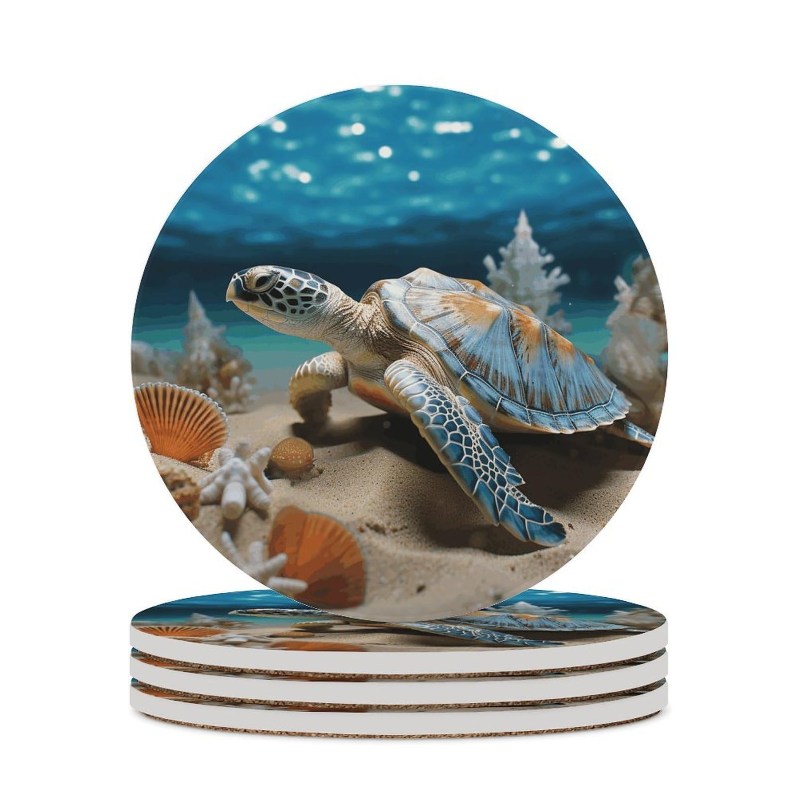 Khauerbc Style Sea Conch Shell Starfish Turtle Drink Coasters With Holder For Coffee Table,Ceramic Coaster With Cork Base,Ceramic Stone Coaster For Iced Cold Or Hot Drinks,4.1 Inches