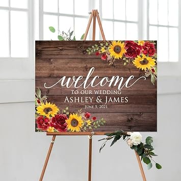 Welcome Sign For Wedding, Sunflowers and Red Roses Wedding Welcome Sign, 12" x 18" Small, 27" Medium, 36" Large, Plastic, Modern, Pole Mount, Weather