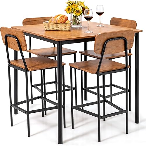 Giantex Juego de mesa de comedor de 5 piezas con mesa de altura de mostrador y 4 taburetes de bar, juego de mesa de comedor de cocina industrial con