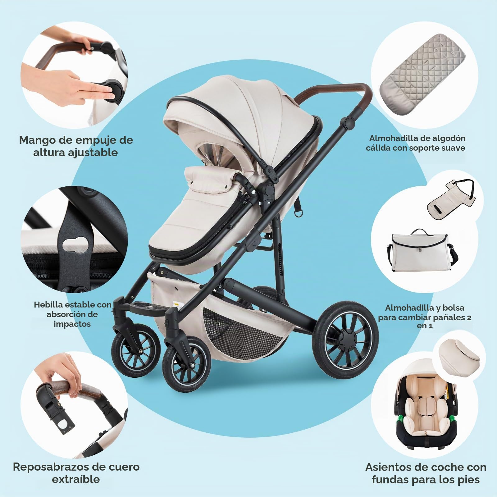 3 en 1 Carrito Bebé, Cochecito Bebe con ECE R129 Asiento de Coche, Cochecito con Mango Ajustable de Altura, Cochecito Carro de Visión alta con Marco de Aluminio (22KG, 0-4 Años)