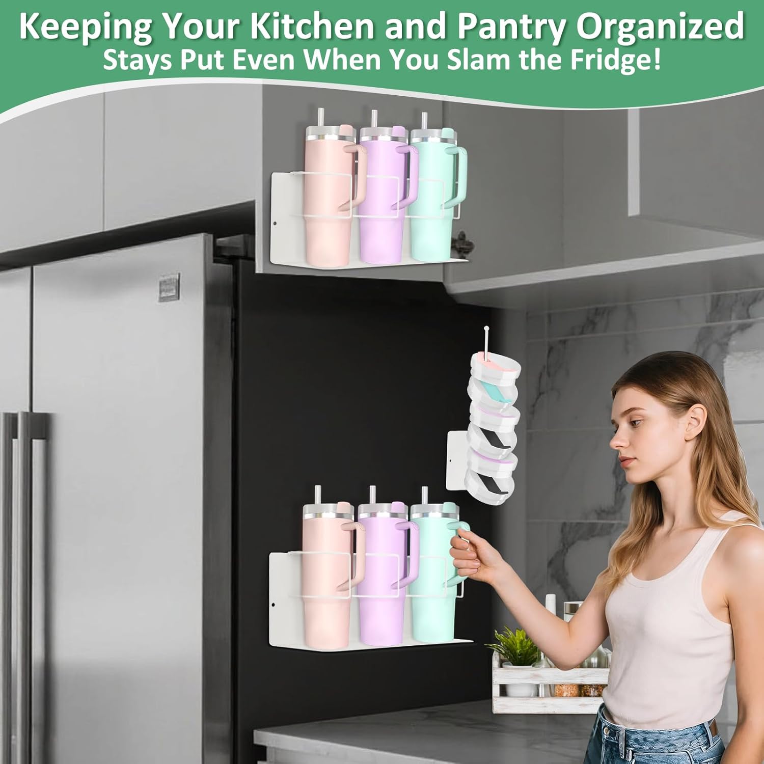 Magnetic Cup Holder for Fridge, Water Bottle Organizer for Cabinet Magnetic Cup Holder Heavy Duty Storage Tumbler Organizer for 20oz 30oz 40oz Cup Accessories