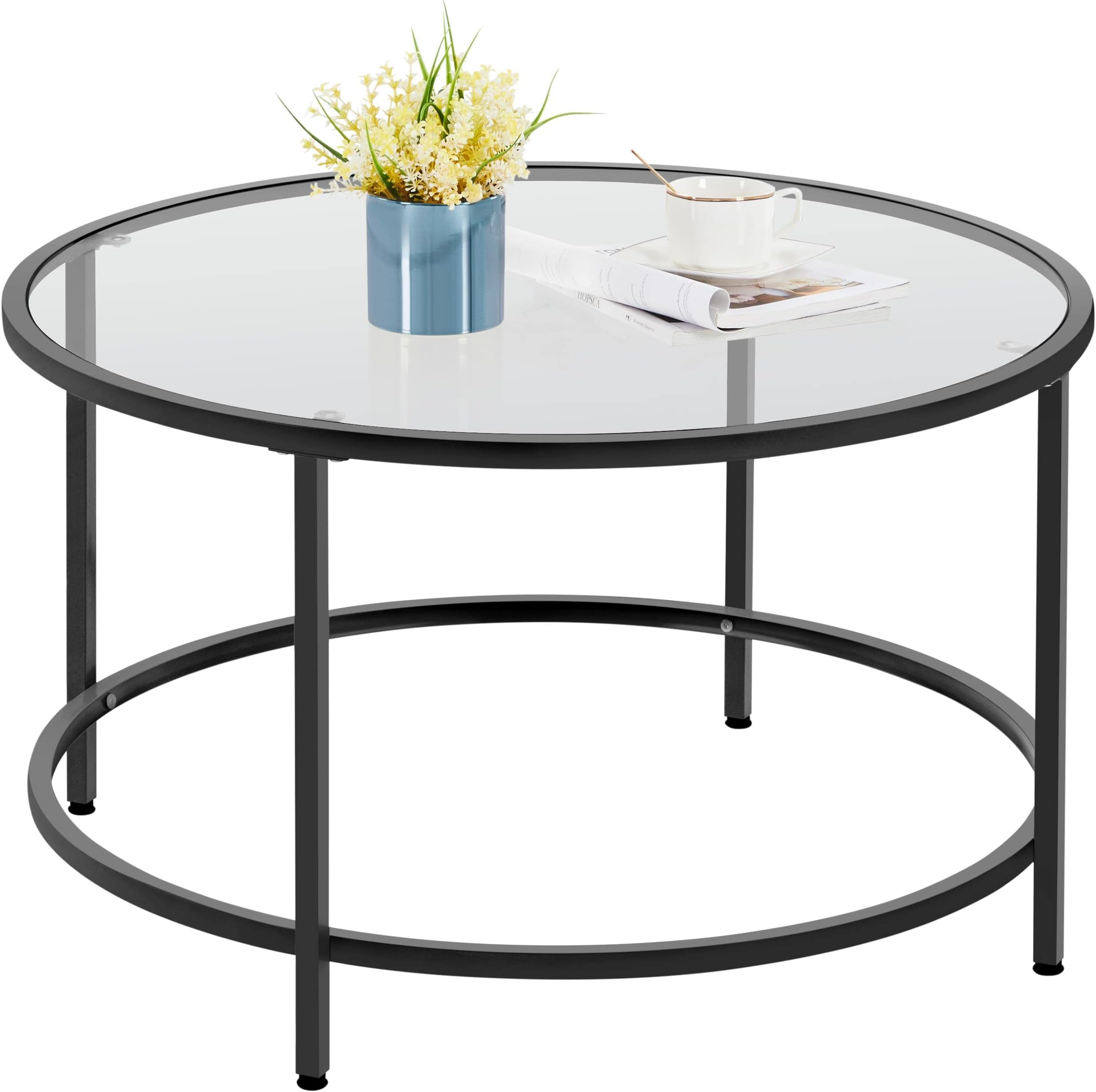 Yaheetech Round Coffee Table with Sturdy Metal Frame, Glass Coffee Table for Living Room, Modern Sofa End Table, Black