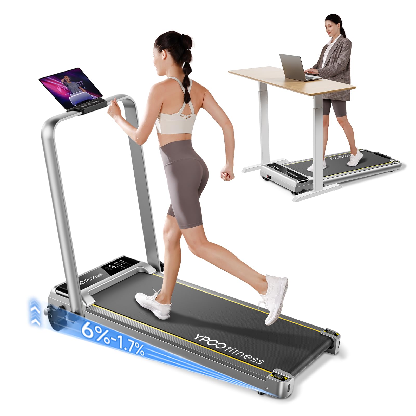 YPOO Foldable Walking Pad with Incline, Folding Treadmill for Home & Office, 300lbs Portable Treadmill, Under Desk Treadmills with Compact Design and Lube-Free Running Belt